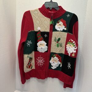 Tiara International Women's Santa Full Zip Cardigan Sweater Medium Red